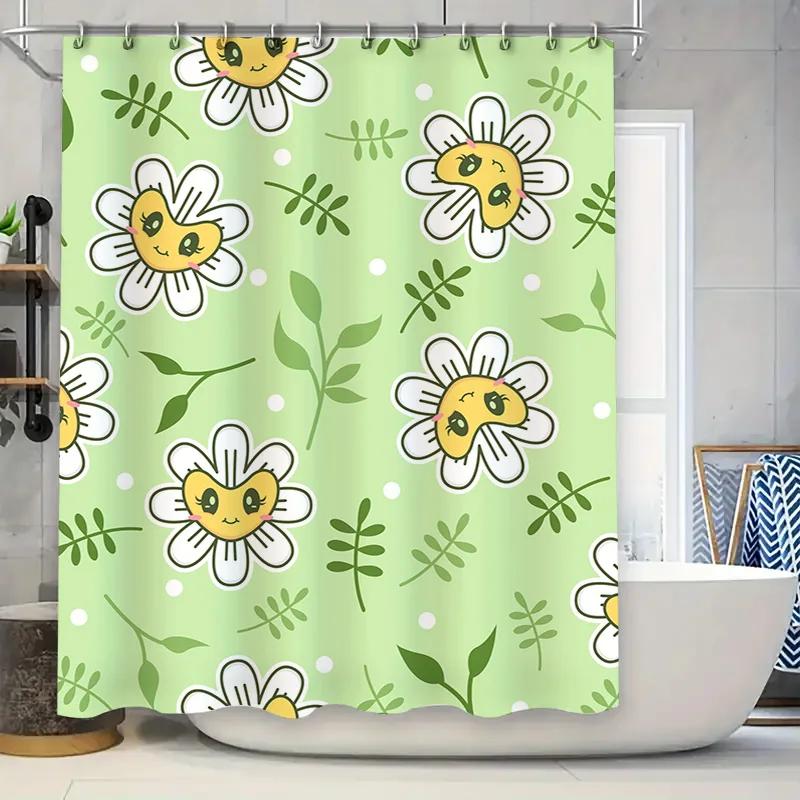 Modern Bathroom Decor Shower Curtain with Cute Cartoon Flowers Design for Home Decoration Waterproof Fabric Mint Green / White F