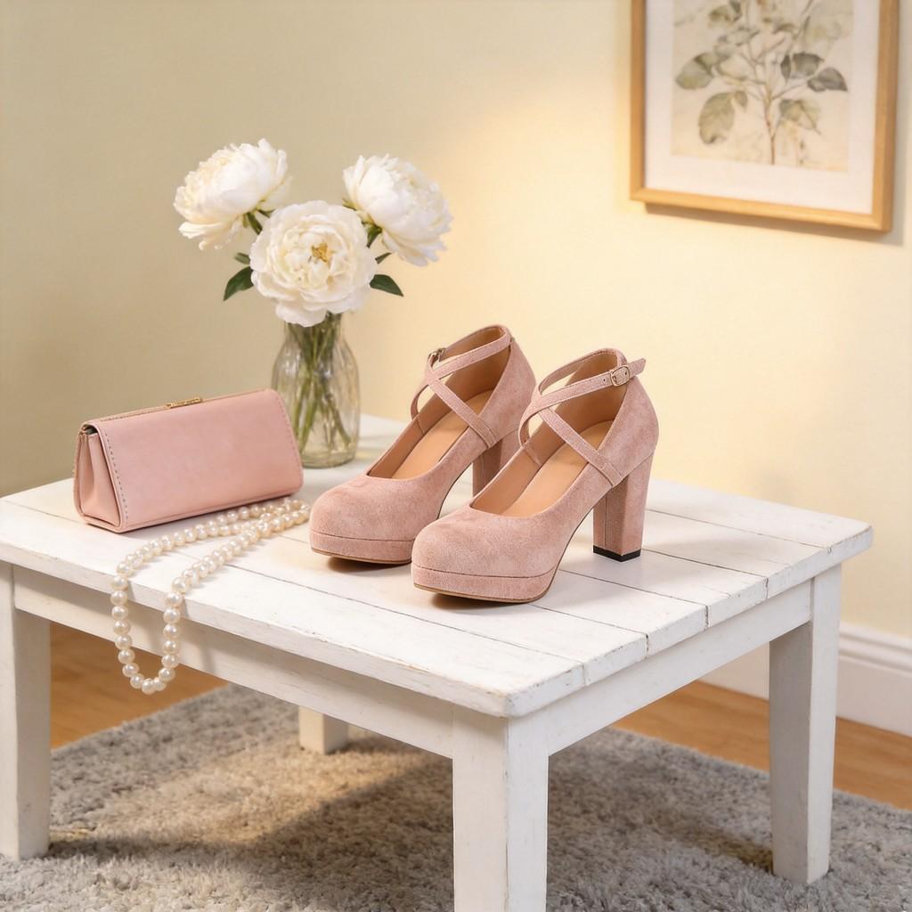 Summer Style Low Cut High Heel Mary Jane Shoes With Cross Strap And Velvet Material For Women