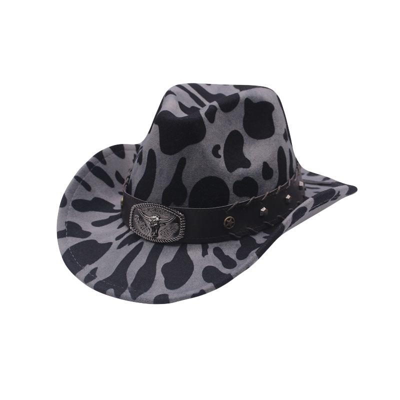European and American New Cow Pattern Felt Hat Western Cowboy Top Hat Outdoor Travel Hat Metal Cow Standard Crimped Top Hat