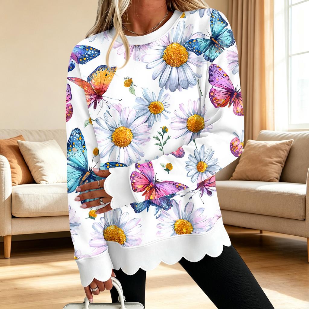 Women's Floral Print Crewneck Sweatshirt with Scalloped Wavy Hem Long Sleeve Pullover Top