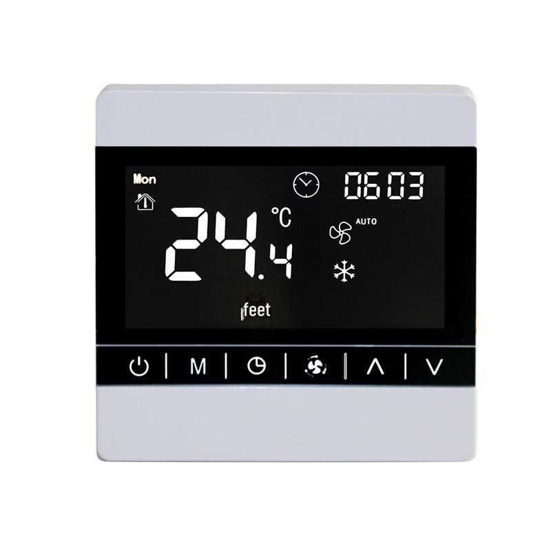 Smart WIFI touch screen thermostat with three-speed fan coil control for central air conditioning remote management.