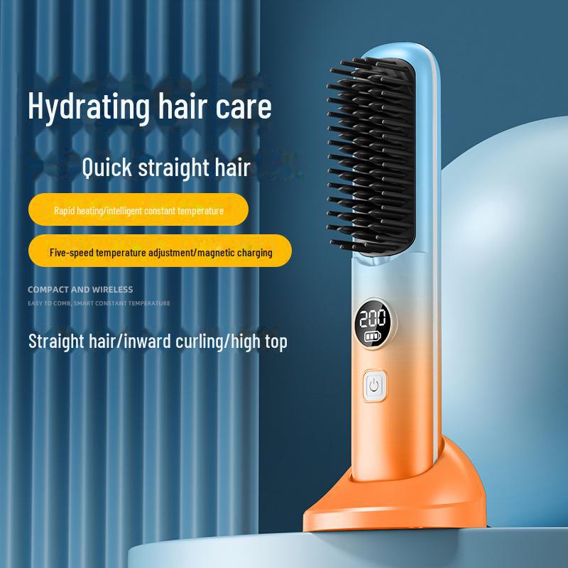 Portable Rechargeable Wireless Hair Straightener with Digital Display and Dual-Purpose Curling Comb