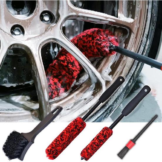 Wheel Brushes For Cleaning Wheels (4 Pro Pack)- 2X Soft Wheel Cleaning Woolies Brush, Detailing Brush And Stiff Tire Brush, Scratch Free Durable Car
