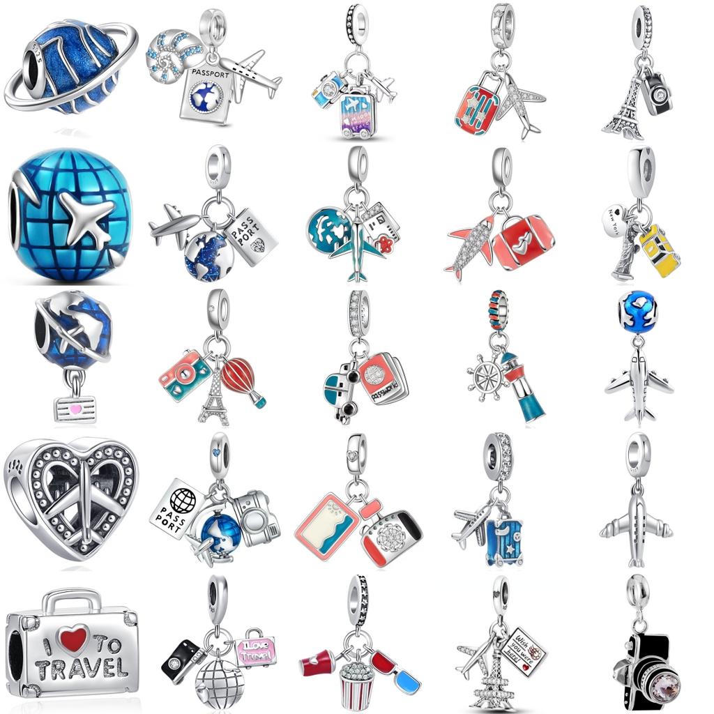 Přívěsek Charm z ryzího stříbra 925 Letadlo Fotoaparát Kufr Eiffelova věž pro DIY Cestovní Náramek Šperky