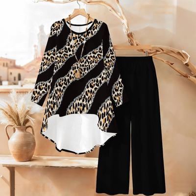 Geometrisches Muster Print Zweiteiliges Outfit Damen Langarm Unregelmäßiger Saum Tunika Top Weite Hosen Lässiges Kombinationsset