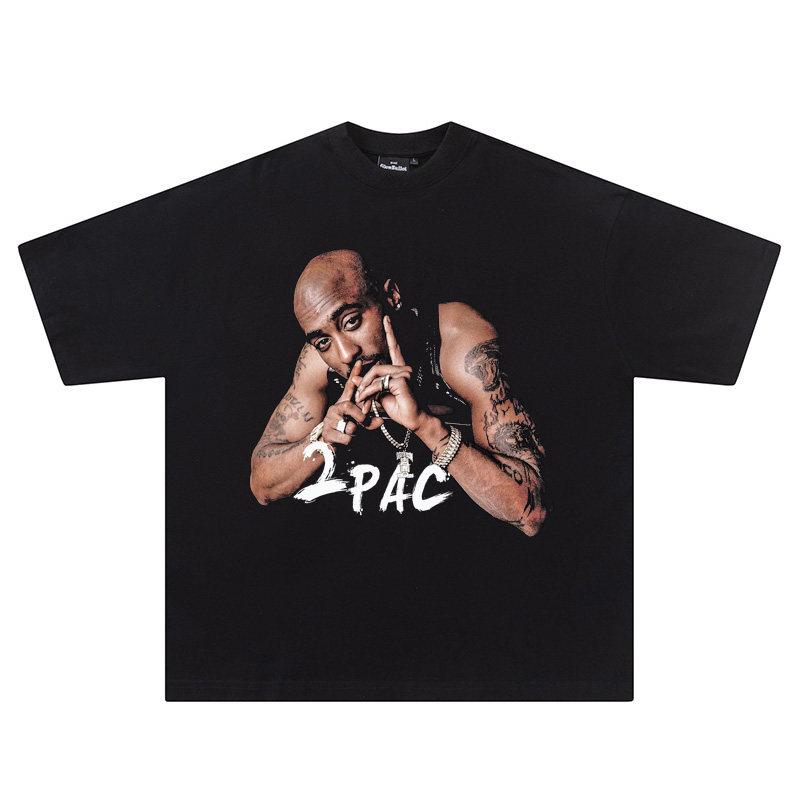 2026 Rap 2pac Retro Short-Sleeved T-Shirt with American-style V-neck, Vintage Tee for Street Hip-Hop, Comfortable and Breathable