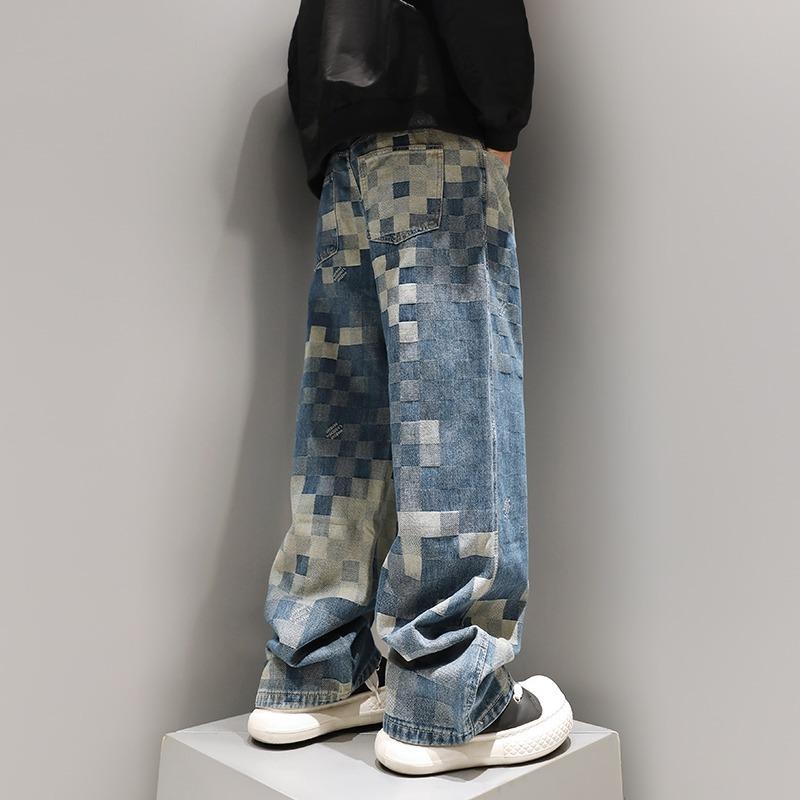 Primavera Nuovo Stile Jeans Uomo Jacquard Larghi a Gamba Larga a Mosaico a Scacchi