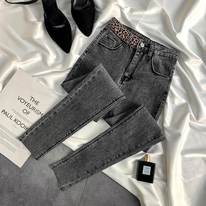 Spliced Leopard Print Stretch High Waist Tight Look Slim Hairy Edge Pencil Foot Pants Winter