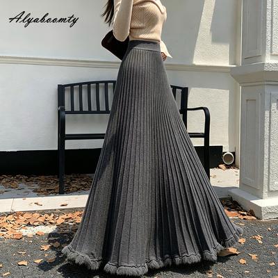 Fustă Maxi Lungă Elegantă de Modă Toamnă Iarnă Femei Talie Elastică Neagră Bej Gri Fustă Tricotată Groasă Caldă Fustă Tricotată plisată cu Franjuri