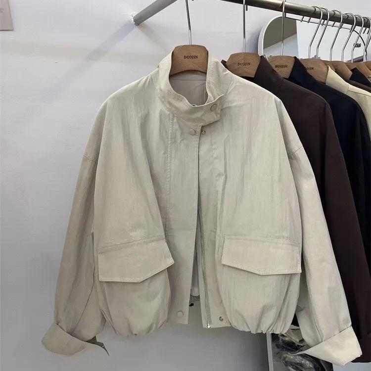Women's Spring/Fall Loose-Fit Stand-Collar Slimming Casual Jacket: Solid-Color, Minimalist, and Stylish Workwear Jacket