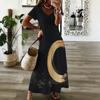 Women Plus Size V Neck Short Sleeve Black Golden Printed Straight Maxi Dress