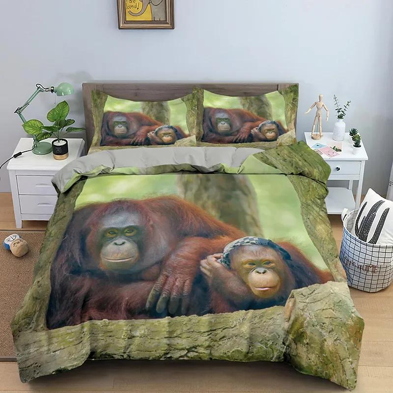 Orangutan Duvet Cover King Queen Size Cute Monkey Bedding Set Palm Leaves Tropical Botanical Polyester Comforter Cover for Adult