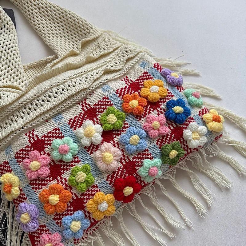 Fashion Crochet Knit Shoulder Tote Bag with Colorful Flower Tassel Womens Shoulder Bag for Vacation Shopping and Daily Outing Ladies' Holiday Gifts