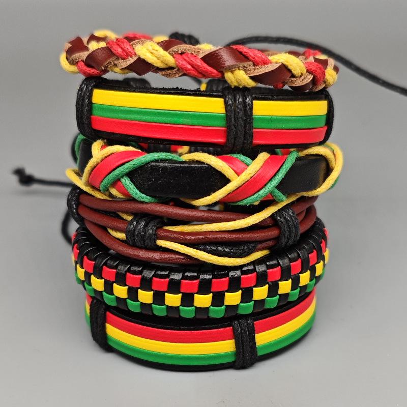 Jamaica Justerbart Röd-Gul-Grön Färgblock Vävda Läderarmband - Sexdelat Set
