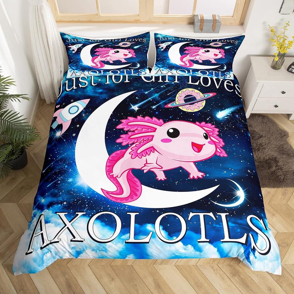 Cute Axolotl Duvet Cover Set Full Size Cartoon Salamander Bedding Set Kawaii Animals Comforter Cover Constellation Black Decor