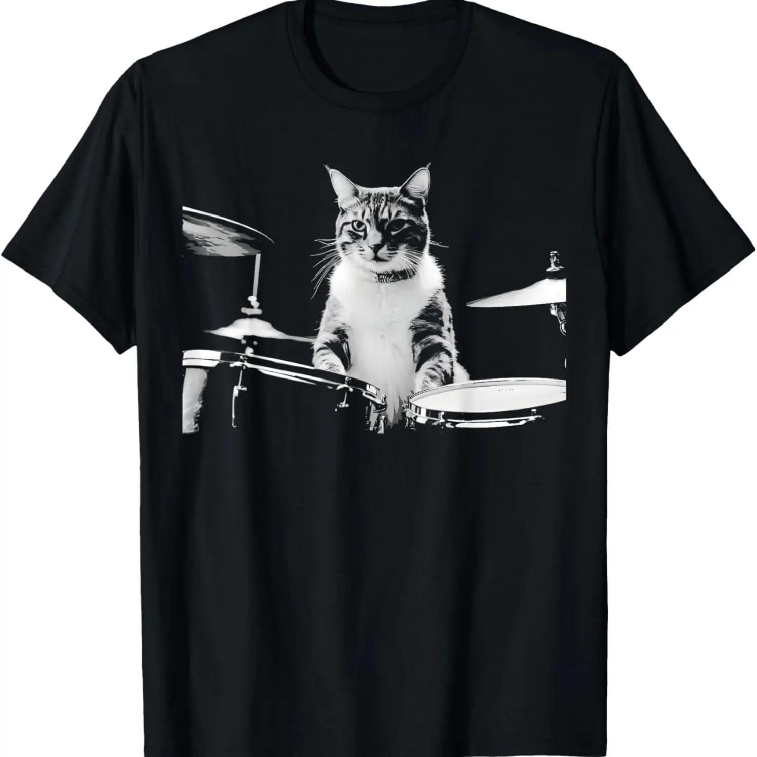 Rock Cat Playing Drums - Funny Drums Cat T-Shirt S