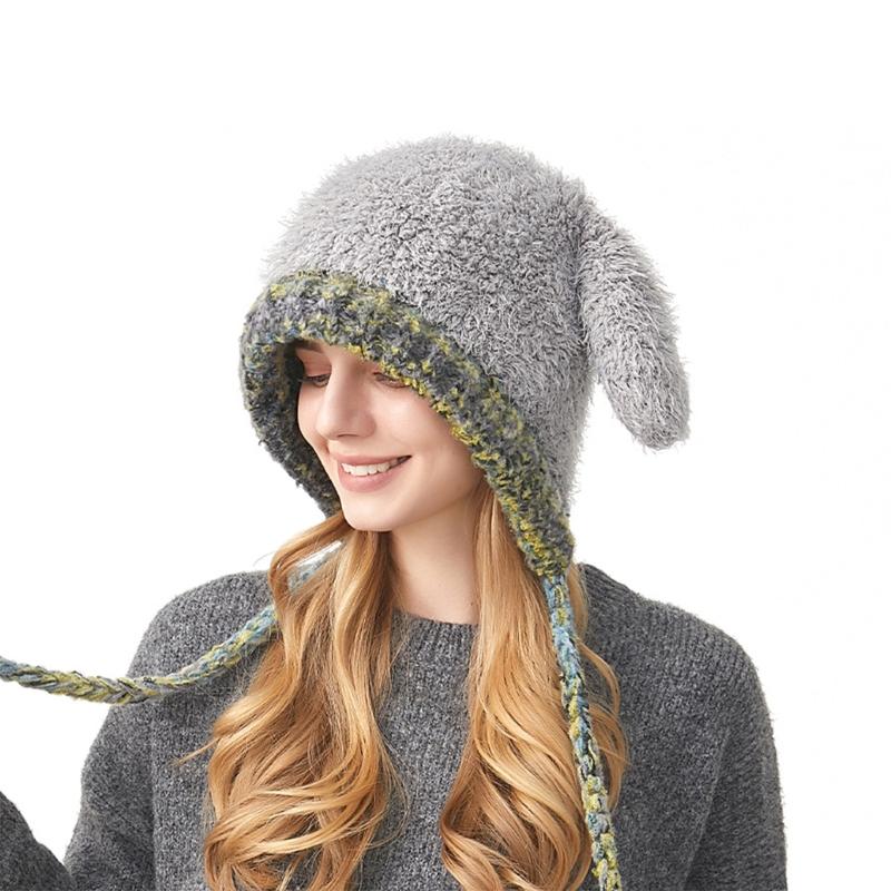 Furry Cartoon Head Cover with Ear for Girls Cartoon Hat with Thicken Lining Oversized Headgear Hat Photo Props серый