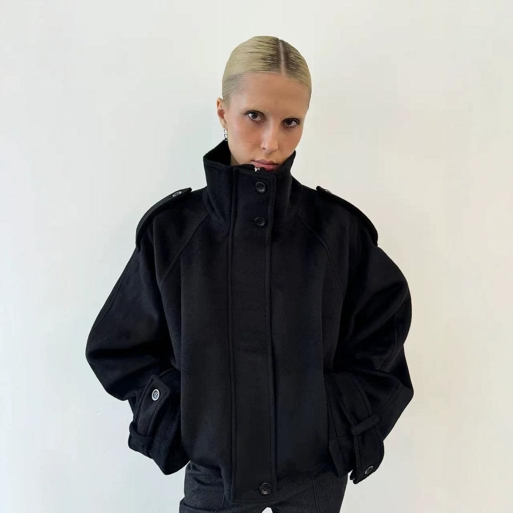 Cappotto di Lana Vintage Largo con Collo Rialzato per Donna Casual Monocolore Manica Lunga Caldo Corto Soprabito Moda High Street Capo Esterno