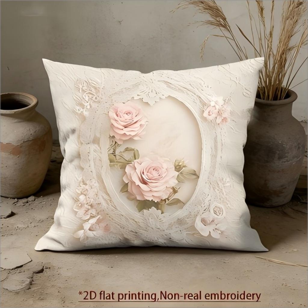 Vintage Rosen Spitzen Kissenbezug 2D Faux Stickerei Druck Shabby Chic Blumiges Kissenbezug für Sofa Bett Couch Französisches Landhaus