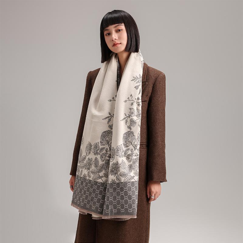 Imitation Cashmere Flowers Retro Simple Texture Printing Double-Sided Warm Scarf Shawl Outer Cover Women