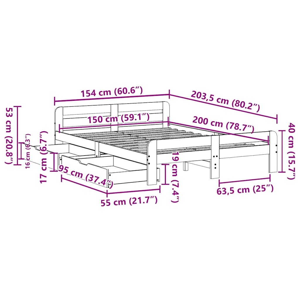 Solid Wood Bed without Mattress Wax Brown 150 x 200 cm Pine Wood