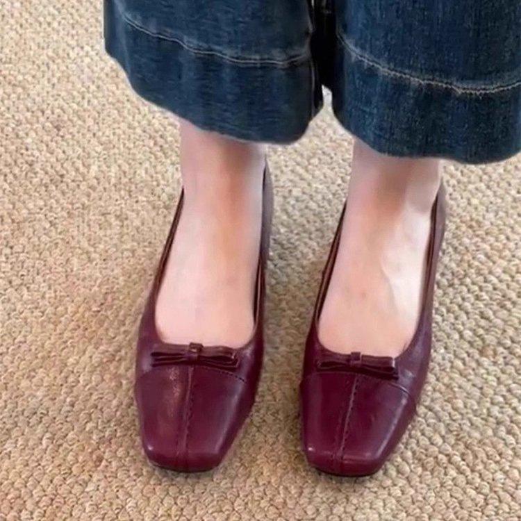 French retro soft leather square head bow single shoes women's Doudou shoes 2025 autumn new shallow flat shoes ladyshoes