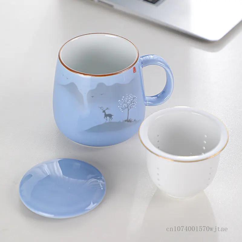Creative Ceramic Tea Cup with Cover, Tea Cup, Blue, Green, Pink, Home Office Household items, Separation Filter Mug, 1Pc