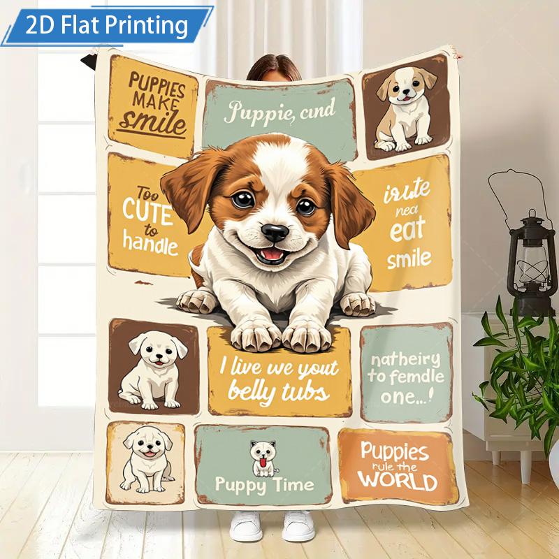 1pc Flannel Blanket Cute Puppy Print Blanket - Soft Flannel Throw for Dog Lovers, Cozy Home Decor