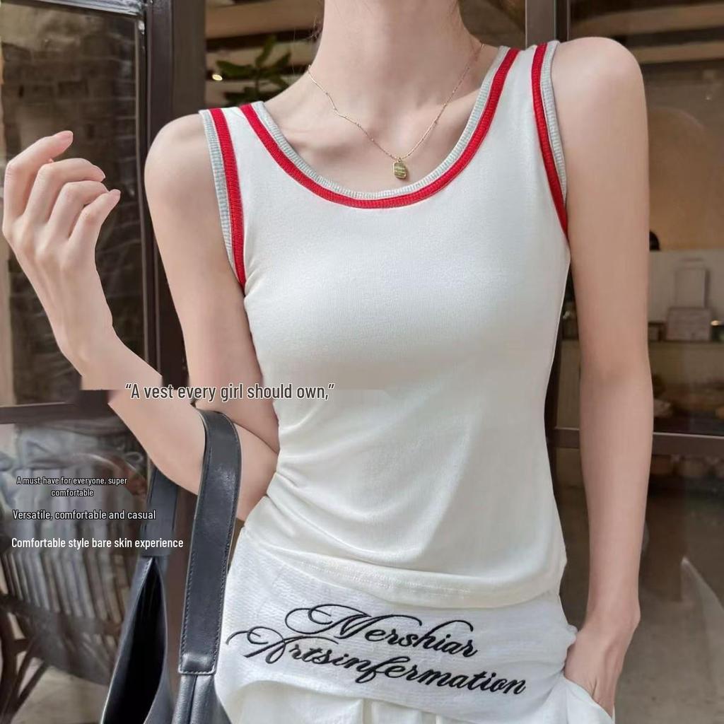 Women's U-Neck Color Block Ribbed Vest - Spring/Summer Spaghetti Strap Slimming One-Piece Top