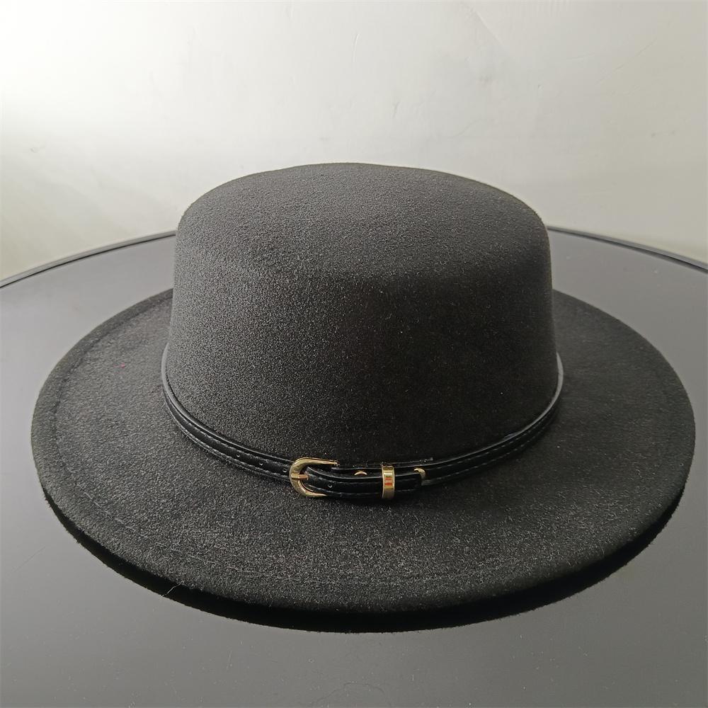Flat Top Color Belt Tweed Women's Cap Panama Jazz Hat British Style Autumn and Winter Travel Outing Wide-brimmed Hat Wholesale