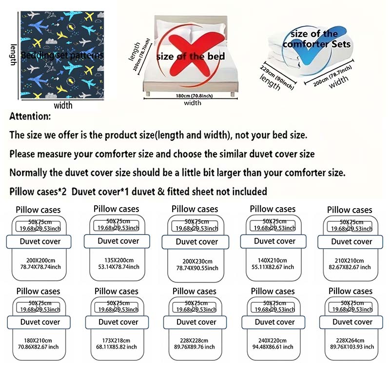 Aircraft And Blue-Yellow Patterns Print Bedding Set 1 Duvet Cover 2 Pillowcases For Adult And Children Luxury Gift Full Size