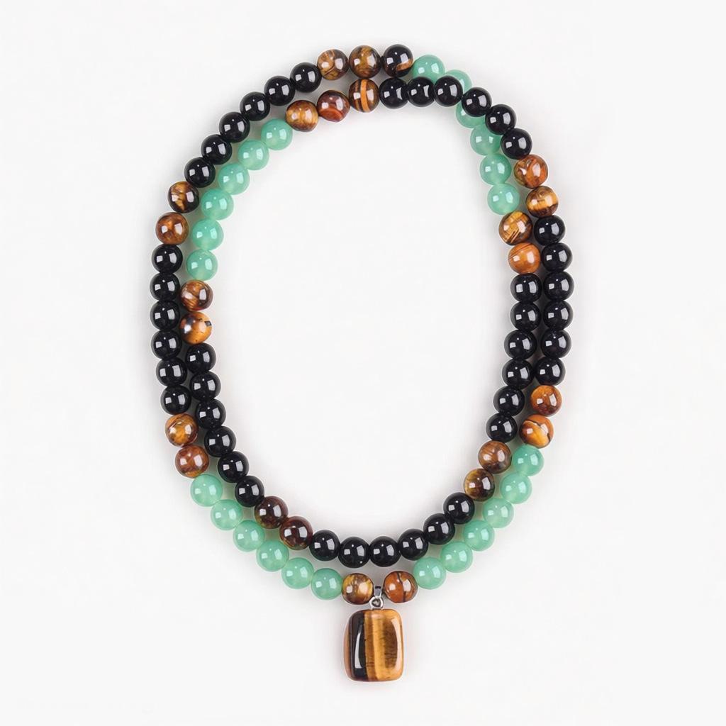 Obsidian necklace, lucky natural stone triple-guardian necklace, green Dongling tiger eye stone necklace