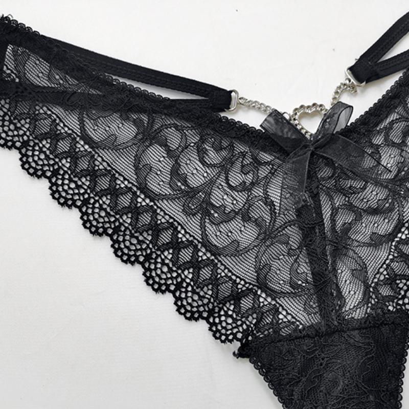 Women's Solid Color Lace Chain V Pants Sexy Black Metal Thong Low Waist Transparent Underwear