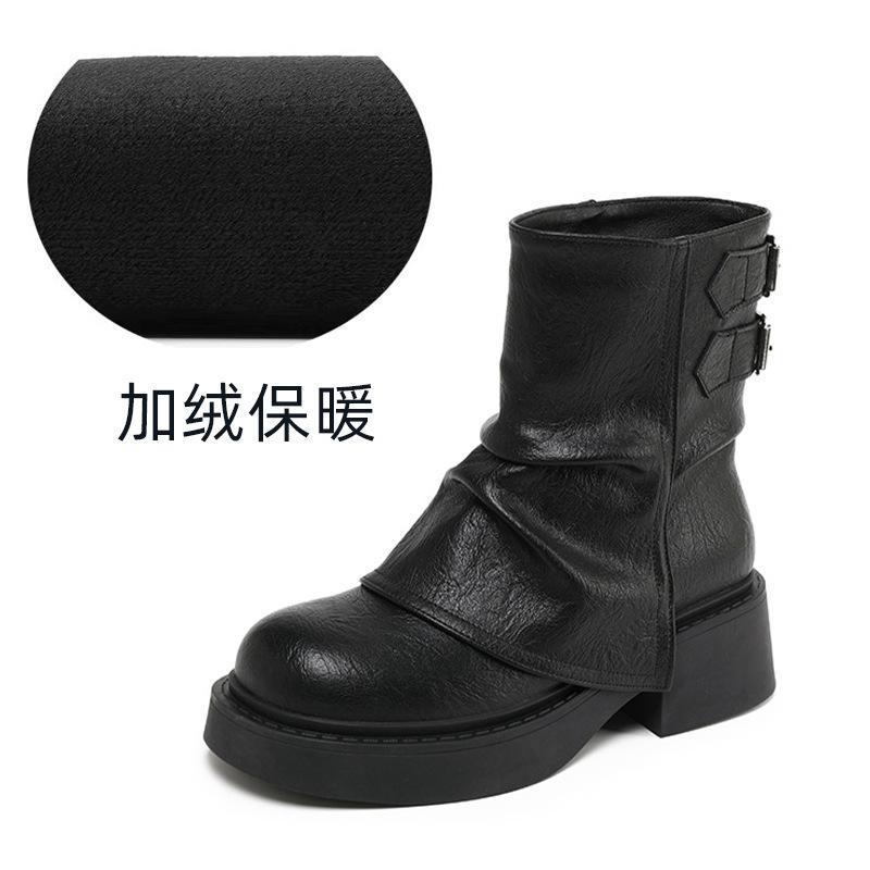 Maillard Retro Kurzstiefel Damen Britischer Stil Herbst und Winter Plissee Plüsch Plateau Kurzstiefel