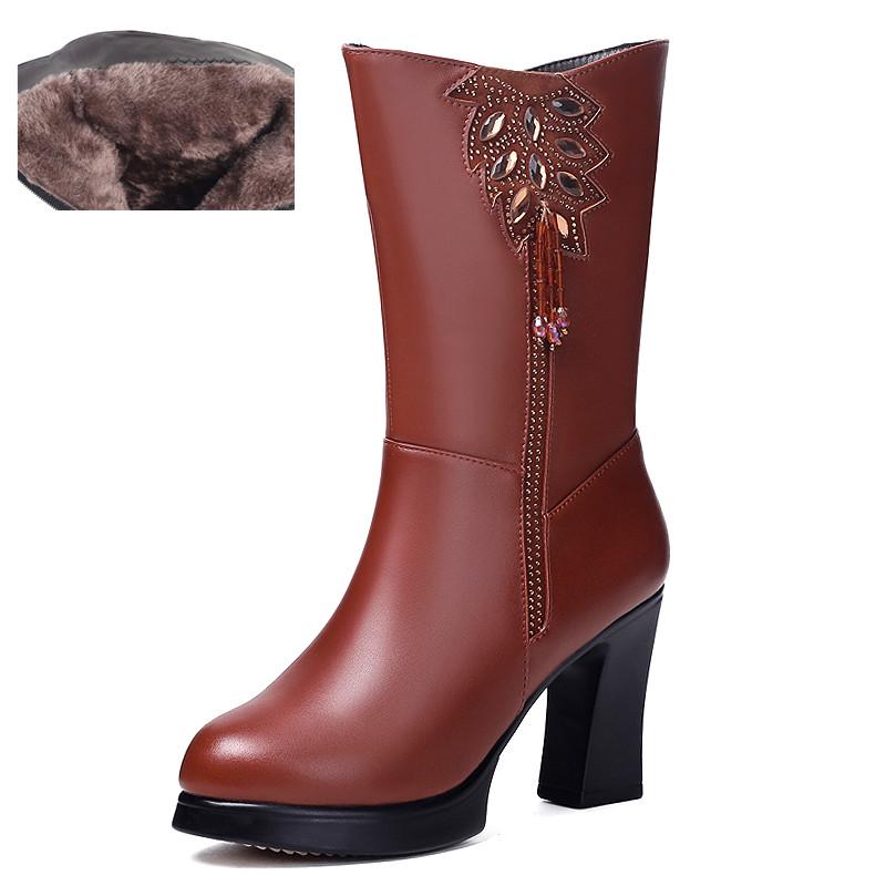 Bottes d'hiver chaudes en laine naturelle pour femmes, bottes à talons hauts, bottes de neige pour dames