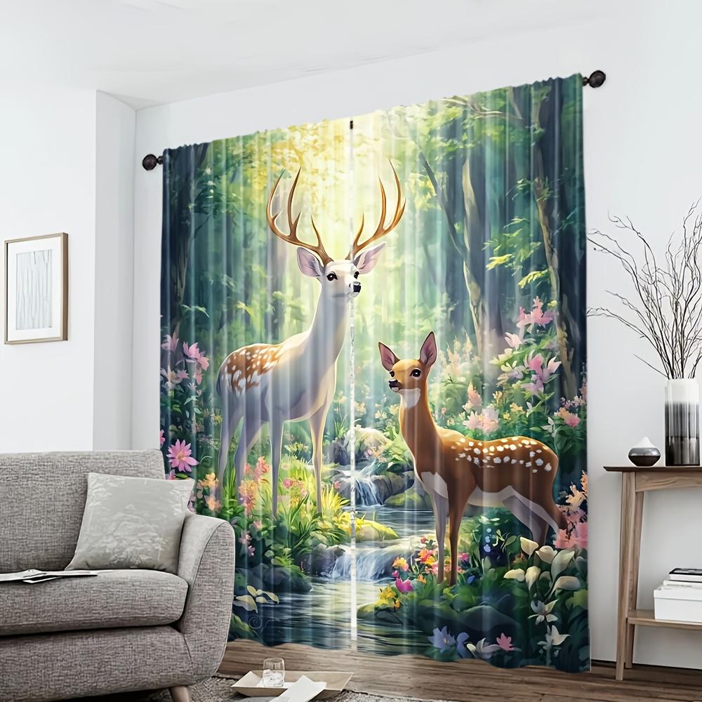 Set Of 2 Elegant Spring Floral Wild Elk Design Curtains Polyester Uv Filter Ideal Living Room Decor Curtain Machine Washable Perfect For