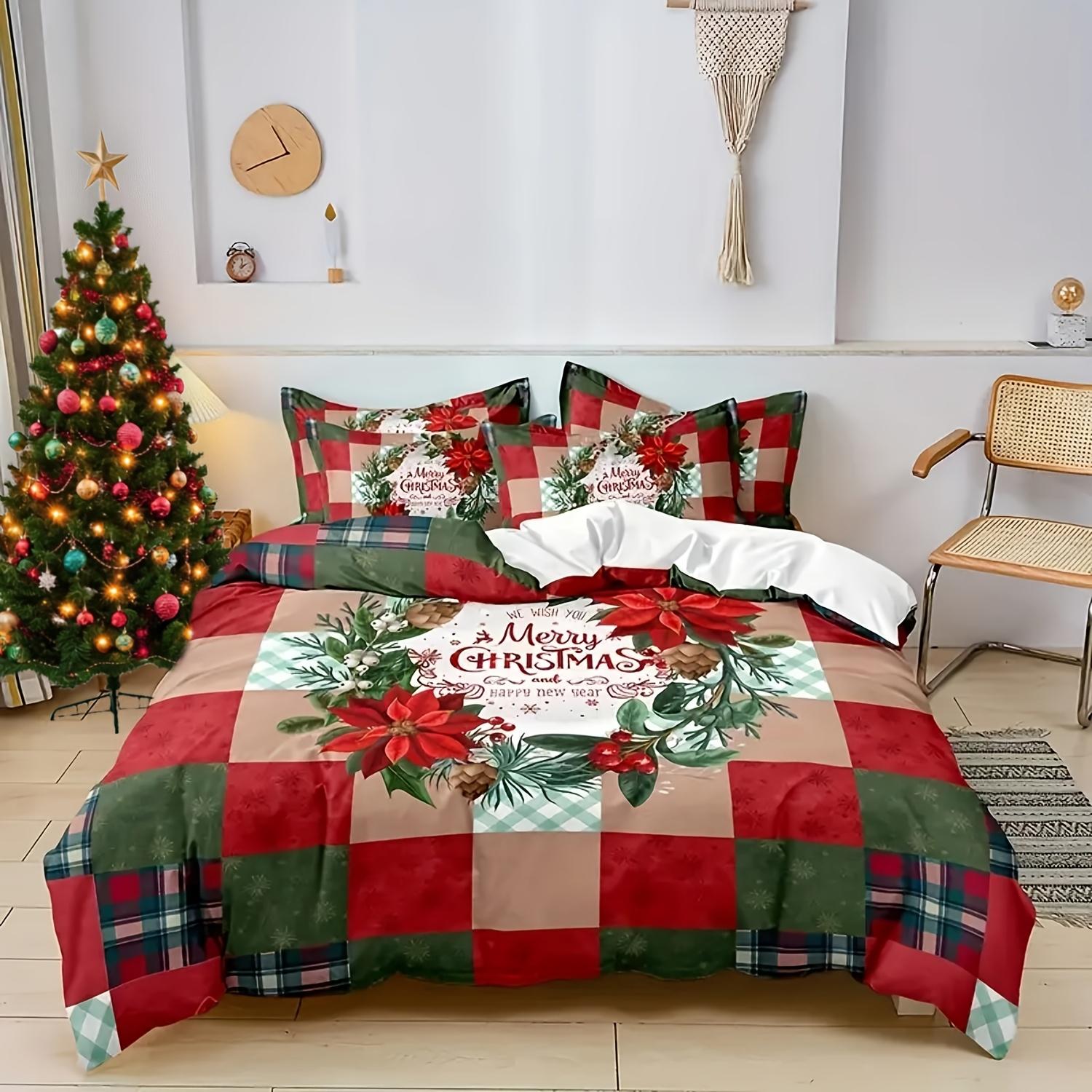 

Christmas Pattern Duvet Cover Plaid Floral Wreath Printed Comfortable And Soft Bedding Set For Bedroom Dormitory Room Decoration 90X200cm