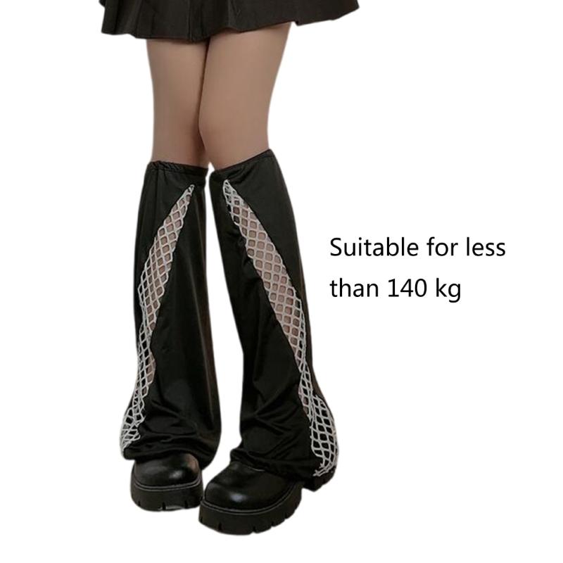 Fishnet Mesh Patchwork Flared Leg Warmers for Womens Harajuku Punk Grunge Baggy Foot Covers Sleeves Knee Length Socks