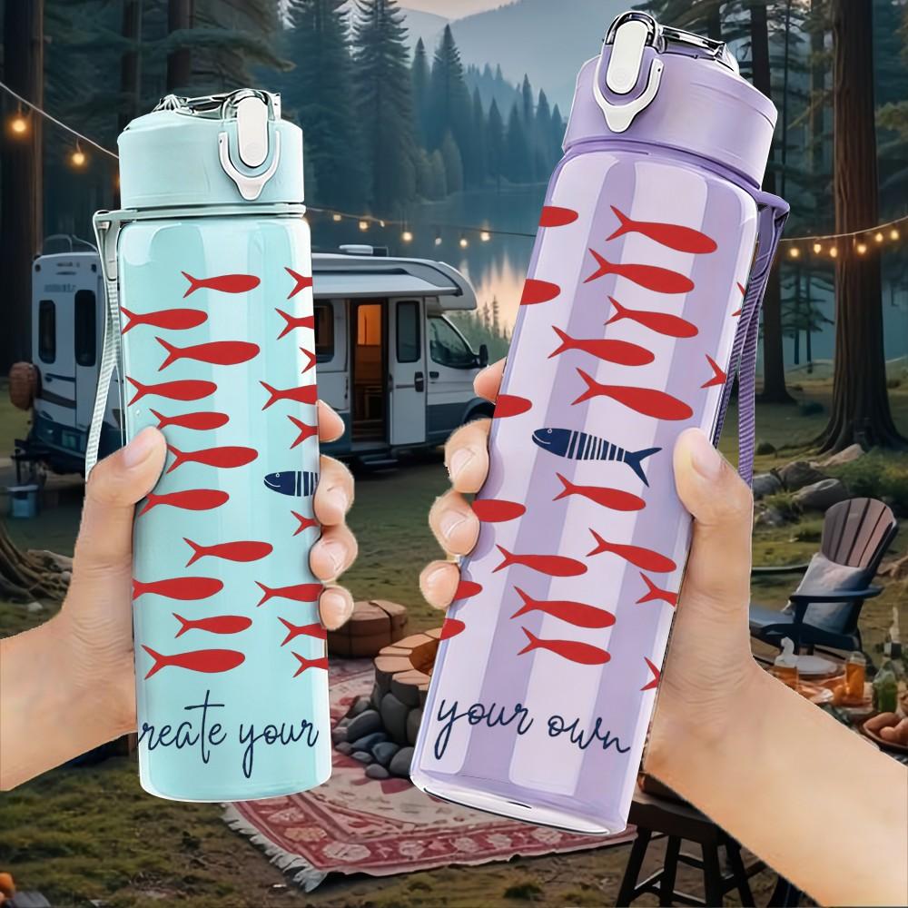 1PC Red Fish School Pattern Print 750ml Color Plastic Sports Water Bottle Leakproof Flip Straw Lid Suitable for Sports Office Home Use