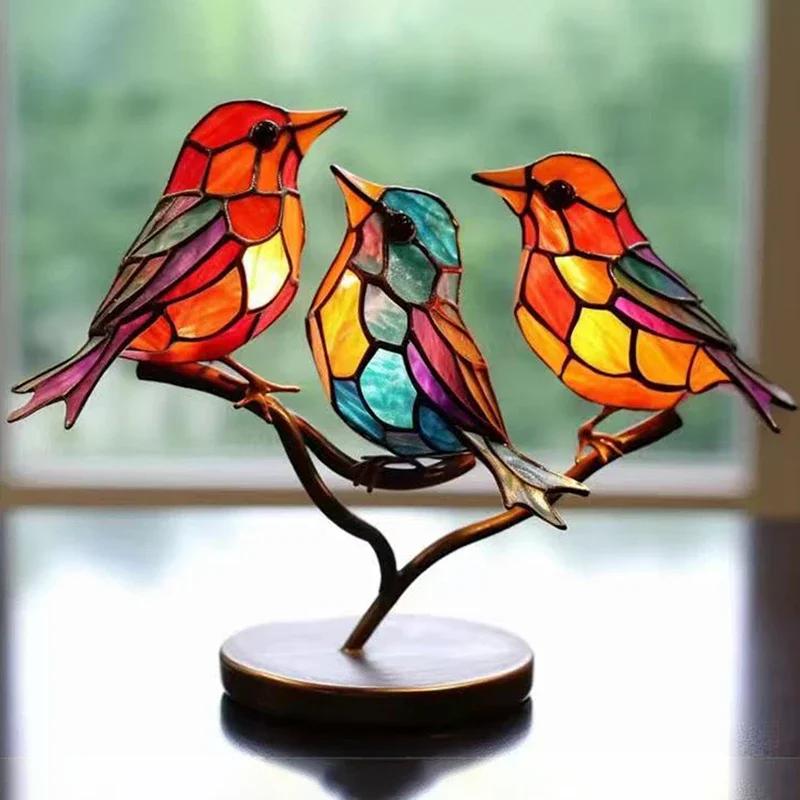 2/3/5pcs Stained Acrylic Birds Branch Desktop Ornaments, Double Sided Multicolor Style Craft Statue Ornaments Desktop Decoration