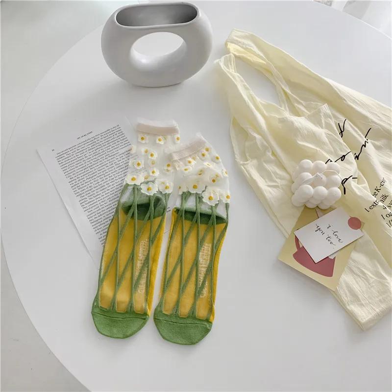 Chaussettes Sexy Coréennes en Dentelle Fleurie en Soie de Verre Marée Nouveauté Harajuku Rétro Chaussettes en Soie Cristal Ultra-fines Transparentes Longues