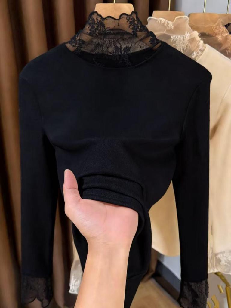 Women's Brushed Lace Base Layer Top: High Neck, Long Sleeve, Ruffled Collar, Slim Fit - Autumn/Winter Arrival