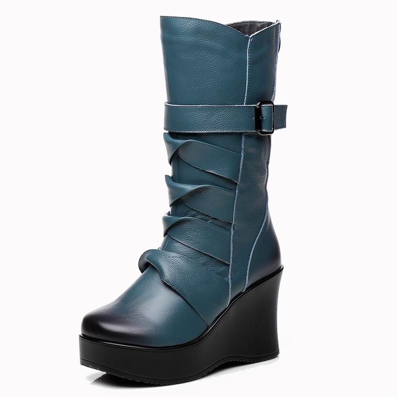 

Fashion GKTINOO New Fashion Genuine Leather Women s Boots Mid-Calf Winter Warm Shoes Casual Women Wedges Shoes Woman Motorcycle Boots 9 синий
