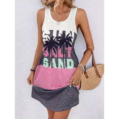 Women's Coconut Tree Printed Sleeveless Round Neck Dress Loose Soft and Comfortable Plus Size Dress