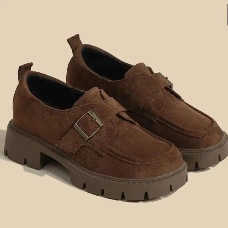 Fashion Women's Height-Increasing Thick-Heeled Shoes British Retro Loafers Commuter Flat Shoes Round Toe Spring Autumn Velvet Cloth Lini