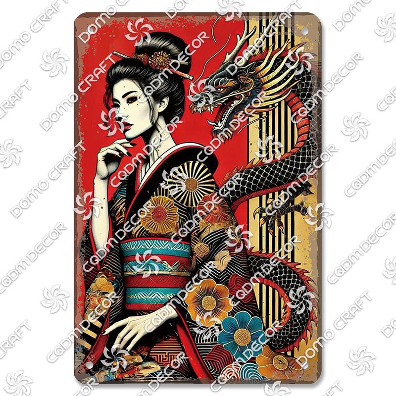 Retro Japanischer Stil Poster Metall Blechschilder Kimono Schönheiten Japanischer Samurai Vintage Metallplatte Wanddeko Club Bar Man Cave