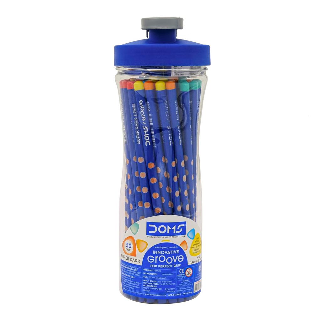 Doms Groove Super Dark HB/2 Graphite Pencils Jar Pack 50 pcs with Innovative Groove Grip for Sketching Drawing School