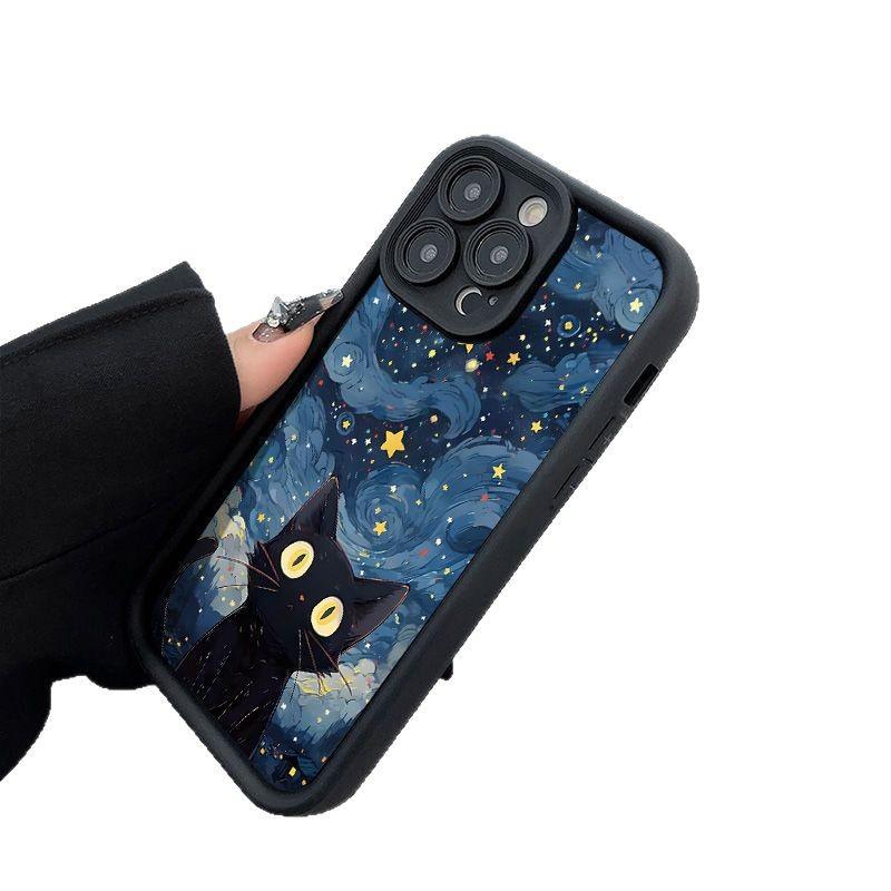 Starry sky black cat iPhone17Promax mobile phone case ladder is suitable for Apple 16promax all-inclusive Tianyan 15 sets.