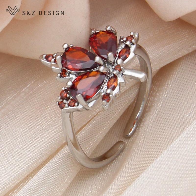 Fashion Cubic Zirconia Leaf Red Maple Adjustable Rings For Women Wedding Elegant Rose Gold Color Jewelry Gift