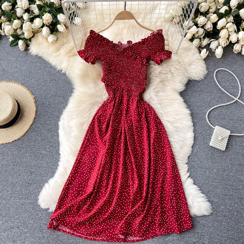 RUGOD Vintage Boho Puntíkatý potisk přes rameno Sexy letní dlouhé šaty Party Elastické Cross Criss Ženy Plážové prázdninové šaty